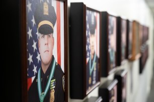 The NYC PBA unveils a new September 11th Memorial Wall in PBA headquarters featuring hand-painted portraits of the 23 NYPD members killed on September 11th, 2001