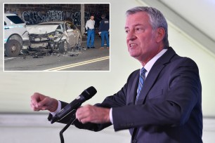 Main: Bill de Blasio. Inset: Police at the scene of an accident where a car struck as many as 3 bicycles before crashing into a police car. near Wbsster Ave and E 233rd st in the Woodlawn Heighs neighborhood of the Bronx.. September 14, 2021.