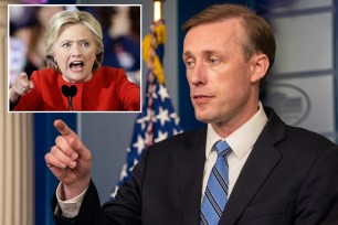 Main: National Security Advisor Jake Sullivan speaks during the daily press briefing at the White House in Washington, DC on Monday, August 23, 2021. Inset: Hillary Clinton.