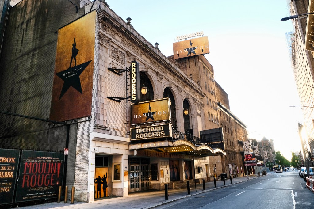 The Richard Rodgers Theatre, home of the musical "Hamilton," appears closed during Covid-19 lockdown in New York on May 13, 2020. Theaters for “The Lion King,” "Hamilton” and “Wicked” are set to reopen on Tuesday.