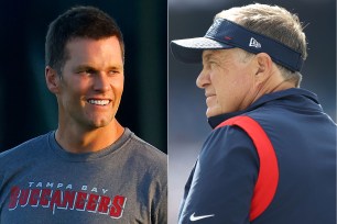 Tom Brady of the Tampa Bay Buccaneers and Bill Belichick of the New England Patriots