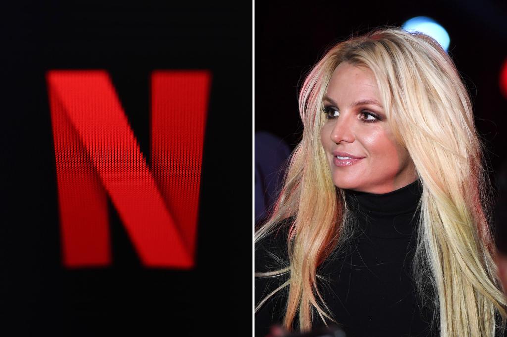 Britney Spears smiling, right. The Netflix "N" symbol, left.