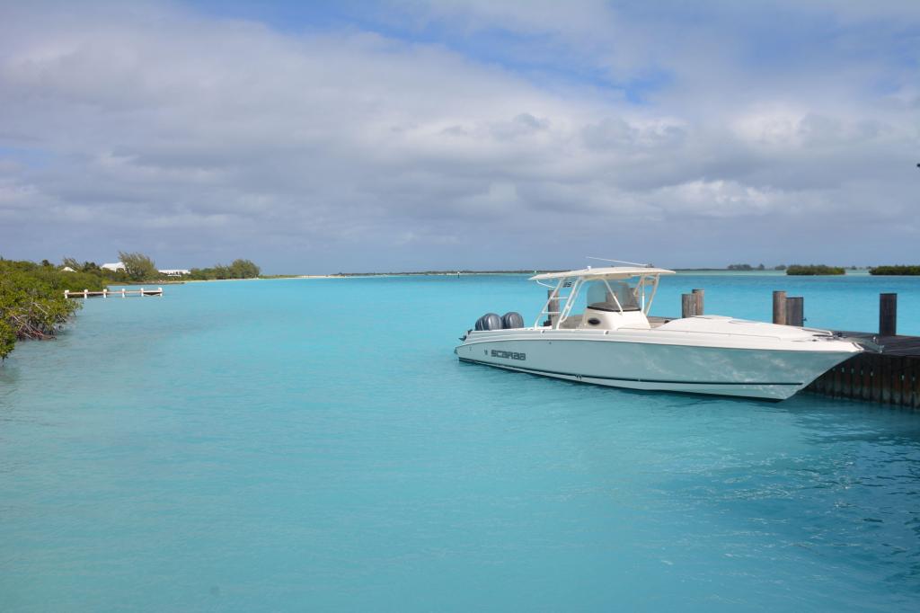 A boat parked at Parrot Cay.