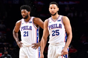 Joel Embiid (left) and Ben Simmons on April 28, 2021.