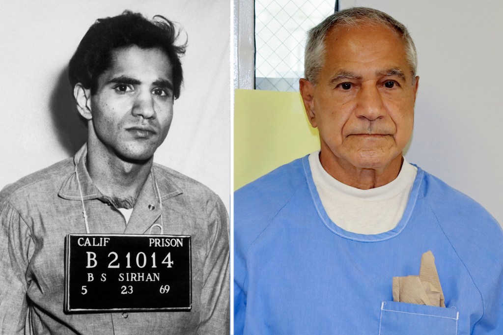 Sirhan Sirhan during his arrest in 1968 (left) and at his parole hearing in 2021 (right).