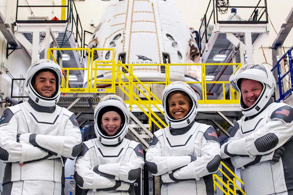 The Inspiration4 crew of Chris Sembroski, Sian Proctor, Jared Isaacman and Hayley Arceneaux poses while suited up.