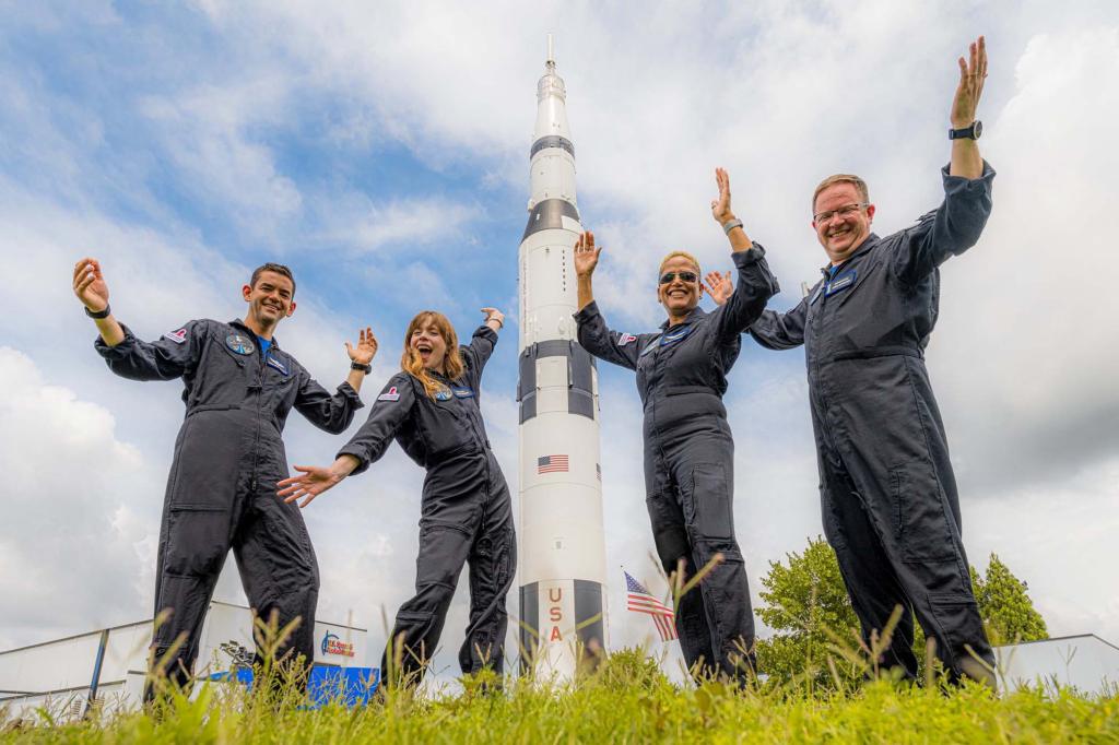 The Inspiration4 crew of Chris Sembroski, Sian Proctor, Jared Isaacman and Hayley Arceneaux reacts in this picture obtained by Reuters on September 15, 2021.