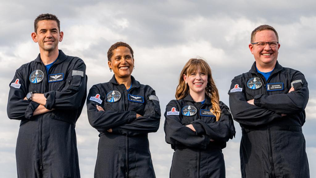 (L-R) Jared Isaacman, Sian Proctor, Hayley Arceneaux and Chris Sembroski