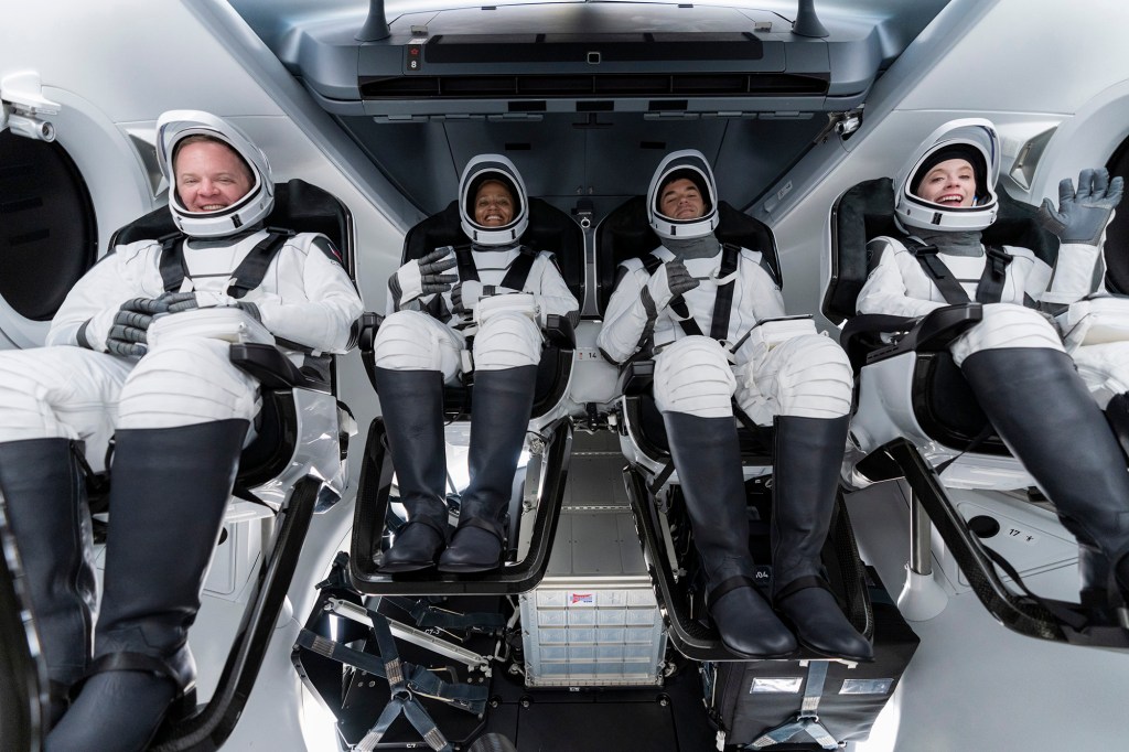 (From left) Chris Sembroski, Sian Proctor, Jared Isaacman and Hayley Arceneaux sit in the Dragon capsule at Cape Canaveral in Florida during a dress rehearsal for launch.