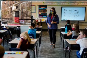 Main: Darsi Green speaks to students in her second grade glass at Weaverville Elementary School on the first day on returning to in-person instruction on Monday, Aug. 17, 2020 in Weaverville, CA. Inset: PS 118 Maurice Sendak in Park Slope, Brooklyn.