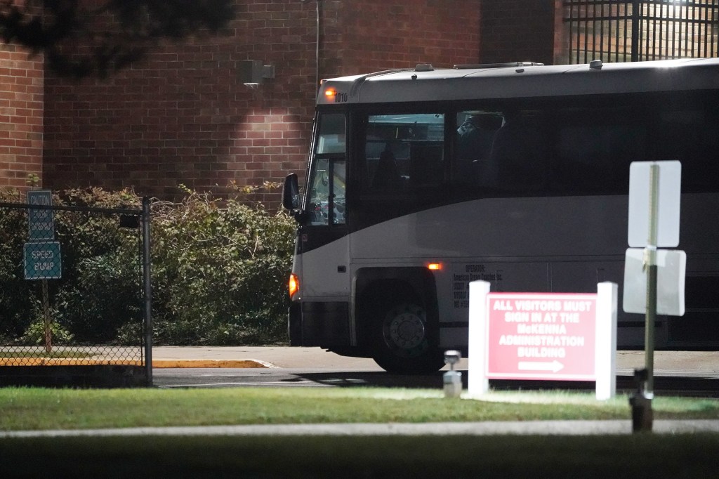 Immigrants from the southern border getting off a charter bus at the Mercy First Facility in Syosset, NY on October 16, 2021. 