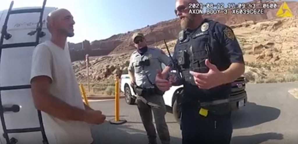 Laundrie getting interviewed by Moab police officers after getting pulled over.