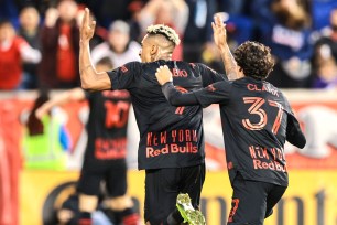 Fabio (left) celebrates his game-winning goal with Caden Clark during the Red Bulls' 1-0 win over Montreal.