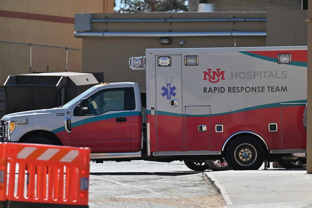An exterior view shows an ambulance parked at the University of New Mexico Hospital, where "Rust" Director of Photography Halyna Hutchins was transported and later pronounced dead after being injured during filming, on October 22, 2021 in Albuquerque, New Mexico.