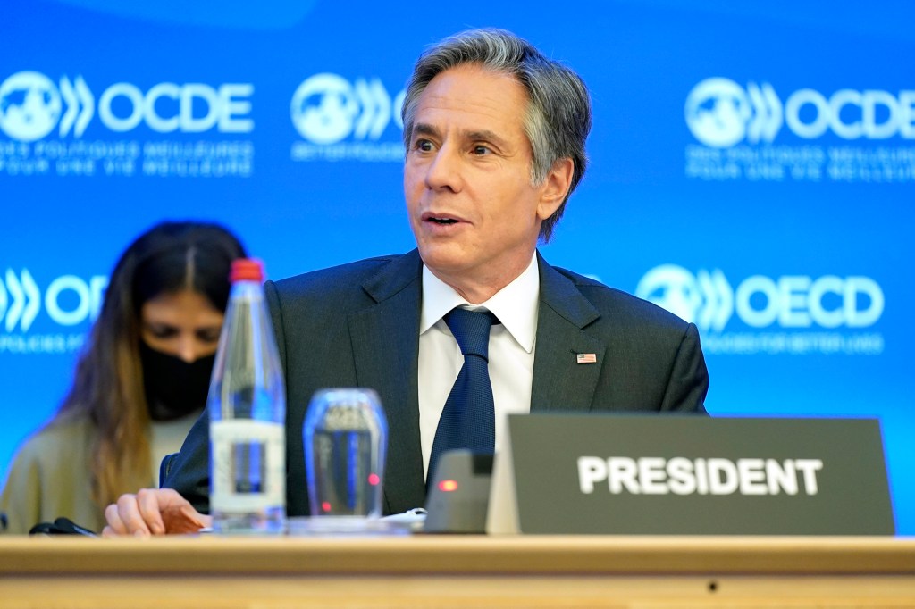 Secretary of State Antony Blinken speaks during a closing session at the Organization for Economic Cooperation and Development's Ministerial Council Meeting, Wednesday, Oct. 6, 2021, in Paris. 