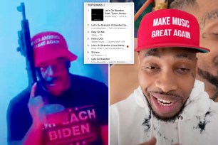 Four of the iTunes Top 10 songs are anti-Joe Biden raps titled "Let's Go Brandon." The No.1 track is by Bryson Gray (top left), while the three other tracks are remixes by Loza Alexander (bottom left).