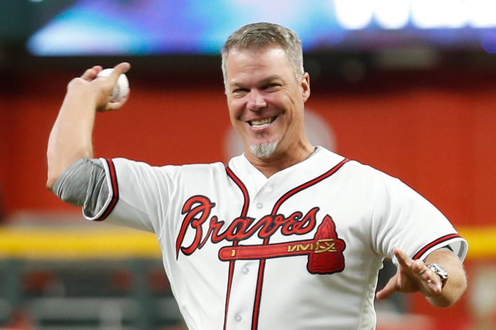 Chipper Jones, a former Braves Hall of Famer, throws out the first pitch before Game 3 of the NLDS against the Los Angeles Dodgers at SunTrust Park on Sunday, October 7, 2018 in Atlanta, Georgia.