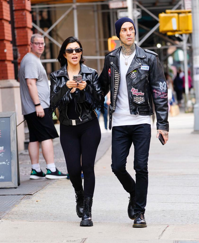 Kourtney Kardashian and Travis Barker are seen out and about on Saturday, Oct. 16, 2021 in New York City before sister Kim Kardashian's hosting gig on "Saturday Night Live."