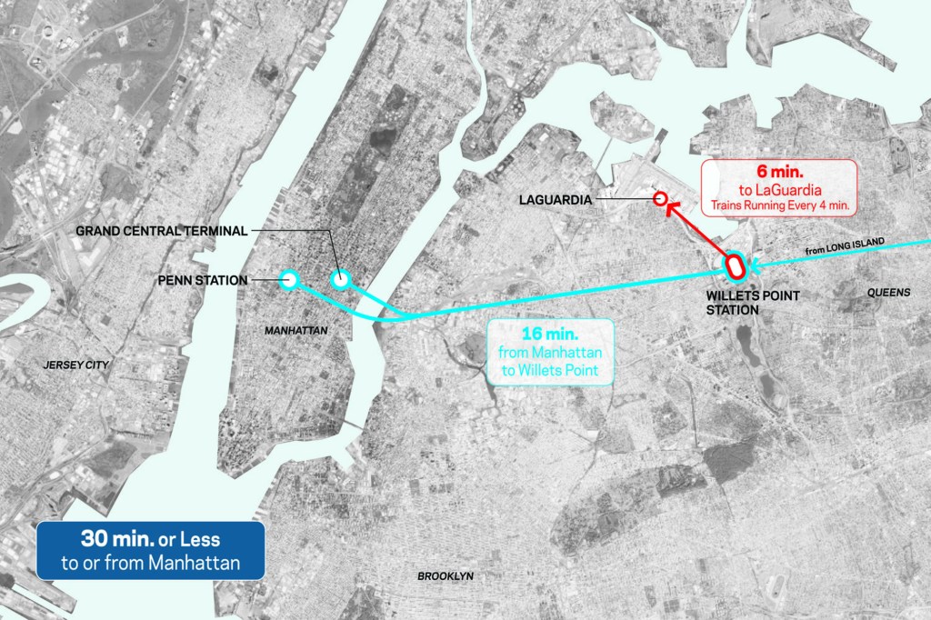 A map of the proposed route for the 'backward' AirTrain, which would have required New Yorkers to catch a train and ride it all the way to Willets Point before doubling back to go to LaGuardia.