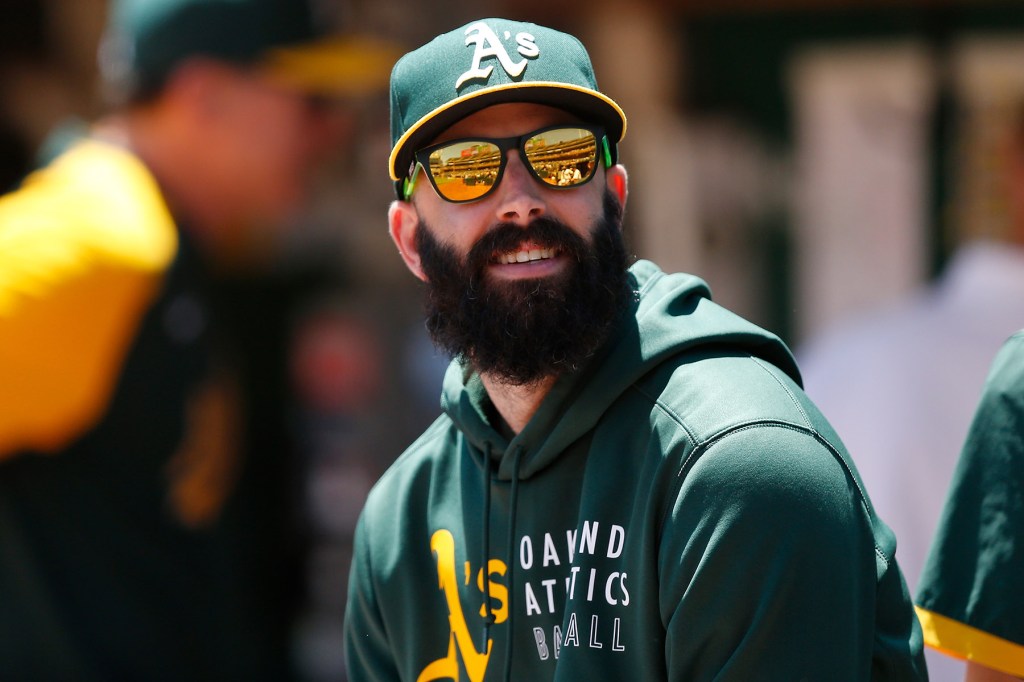 Mike Fiers #50 of the Oakland Athletics looks on before the game against the Cleveland Indians at RingCentral Coliseum on July 17, 2021 in Oakland, California.