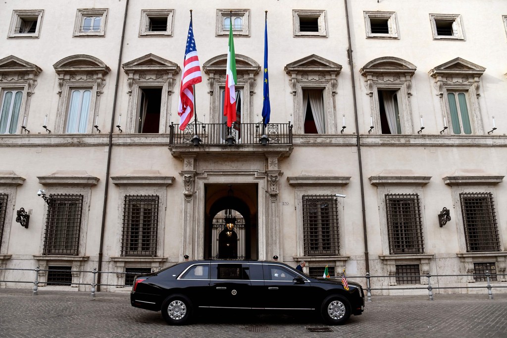 The car of US President Joe Biden is parked following his arrival at the Chigi palace in Rome on October 29, 2021, for a meeting with the Italian prime minister ahead of an upcoming G20 summit of world leaders.