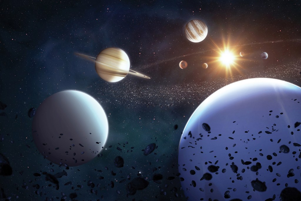 Illustration of the solar system viewed from beyond Neptune, with all eight planets visible around the sun.