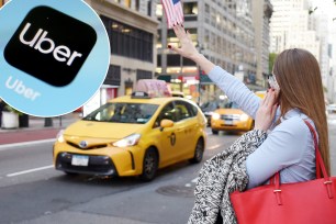 Main: A general view of a woman hailing a taxi in New York, NY on September 28, 2018. Inset: Uber logo.