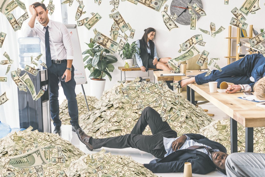 Photo illustration of people at an office covered with money