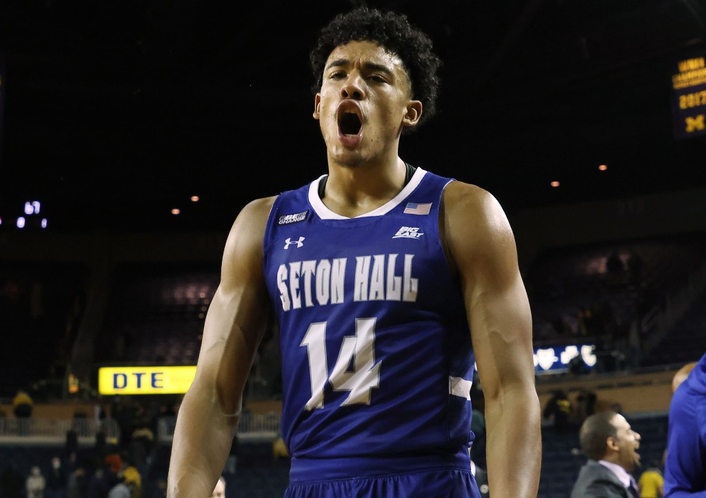 Jared Rhoden celebrates after Seton Hall's upset win.