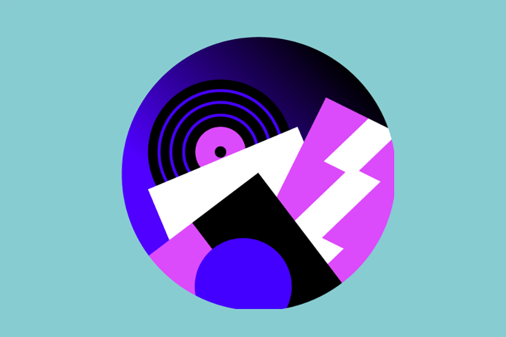 A circle on a blue background with dark blue and purple music icons 