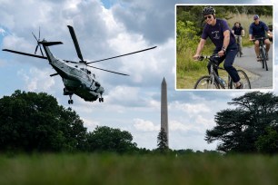 Main: Marine One carrying U.S. President Joe Biden departs the South Lawn of the White House on Friday, July 9, 2021 in Washington, D.C. Inset: President Joe Biden rides a bike at Cape Henlopen State Park in Rehoboth Beach, Delaware.