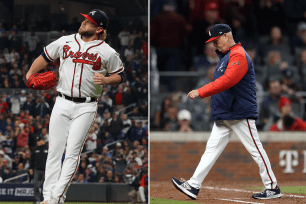 Braves reliever A.J. Minter (left) struggled as part of manager Brian Snitker's (right) bullpen game strategy in the Braves' 9-5 loss to the Astros Sunday.