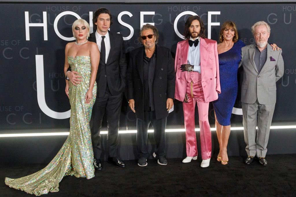 From left: Lady Gaga, Adam Driver, Al Pacino, Jared Leto, Giannina Facio and Ridley Scott attend "The House of Gucci" LA premiere at the Academy Museum of Motion Pictures on Thursday, Nov. 18, 2021, in Los Angeles.