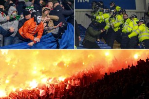 Legia Warszawa fans clash with police officers during the UEFA Europa League group C match between Leicester City and Legia Warszawa