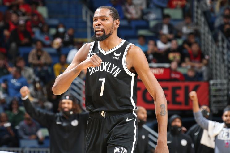 Kevin Durant #7 of the Brooklyn Nets celebrates during the game against the New Orleans Pelicans