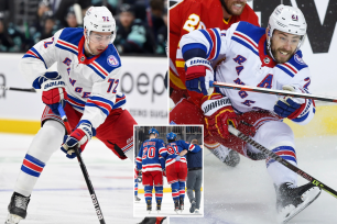 Filip Chytil and Barclay Goodrow skate for the New York Rangers; Sammy Blais is helped offf the ice after an injury.