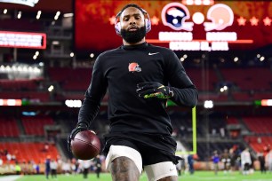 Wide receiver Odell Beckham Jr. #13 of the Cleveland Browns warms up before the start of the Browns and Denver Broncos game at FirstEnergy Stadium on October 21, 2021 in Cleveland, Ohio.