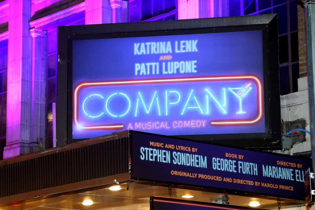 Signage during the first preview re-opening performance of "Company" on Broadway at The Bernard Jacobs Theater on November 15, 2021 in New York City.