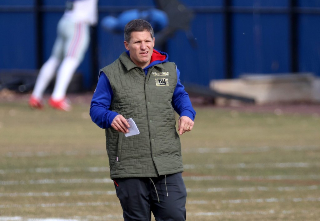 Giants quarterbacks coach Jerry Schuplinski, back at practice after missing time due to COVID, on the field during practice at the Giants training facility in East Rutherford, New Jersey on Dec. 16, 2021.