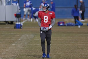 Giants quarterback Daniel Jones looks on during practice at the Giants training facility in East Rutherford, New Jersey on Dec. 16, 2021.
