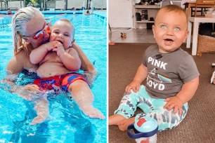 Jayde Leeder and one-year-old Sonny Portnoy splash in the pool.