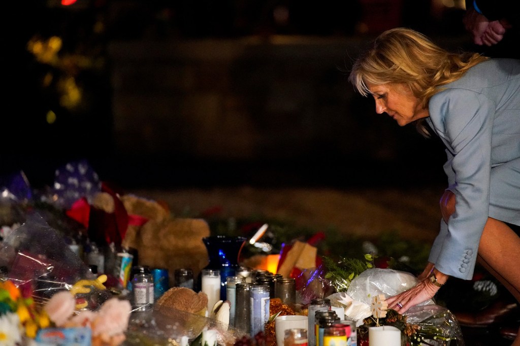 Jill Biden visits the Waukesha Christmas Parade tragedy memorial, near the parade route in Waukesha, Wisconsin, U.S. December 15, 2021