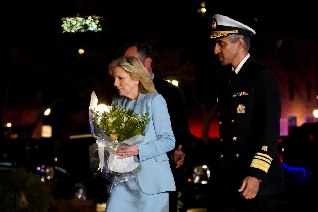 lady Jill Biden, second gentleman Doug Emhoff and U.S. Surgeon General Vivek Murthy visit the Waukesha Christmas Parade tragedy memorial