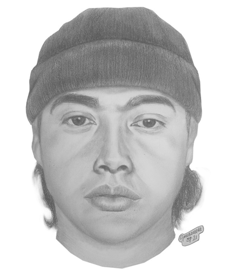 A police sketch of the robber, who remains at large.