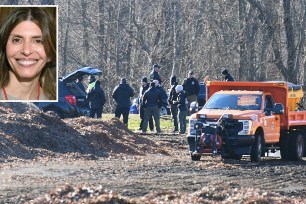 Investigators search an area in the town's mulch dump near Waveny Park in New Canaan, Conn. Monday, Dec. 20, 2021, near where Jennifer Dulos' SUV was found. Dulos disappeared on May 24, 2019, after dropping her children off at school. Police allege Fotis Dulos, her estranged husband, attacked her at her New Canaan home and drove off with her body, which still hasn’t been found. (Tyler Sizemore/Hearst Connecticut Media via AP)