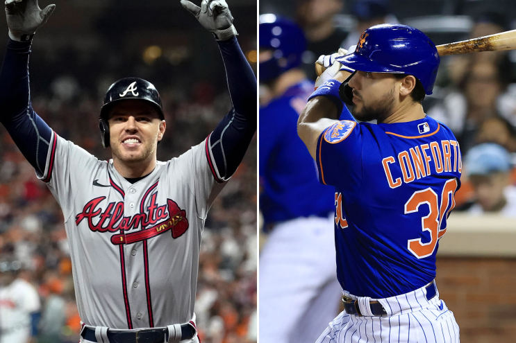 Freddie Freeman of the Atlanta Braves celebrates a home run during the 2021 World Series; New York Mets outfielder Michael Conforto lines a hit.