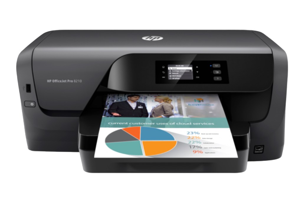 HP OfficeJet Pro 8210 Printer, compact black printer with a modern design