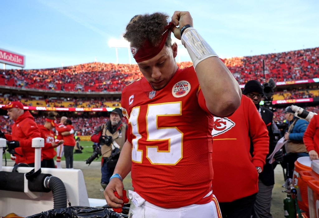 Chiefs quarterback Patrick Mahomes walks off the field following the Chiefs' 27-24 loss to the Bengals in the AFC Championship Game at Arrowhead Stadium on Jan. 30, 2022 in Kansas City, Missouri.