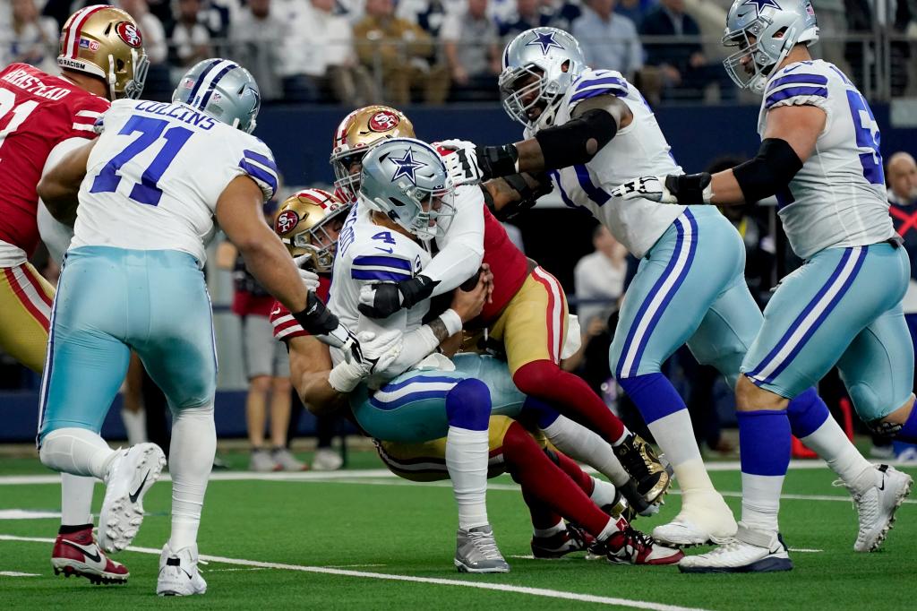 Dak Prescott is sacked during the Cowboys' wild card loss to the 49ers.