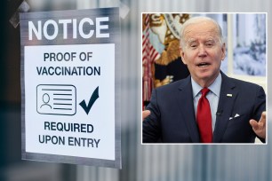 Main: A business with a sign requiring proof of vaccination. Inset: President Joe Biden